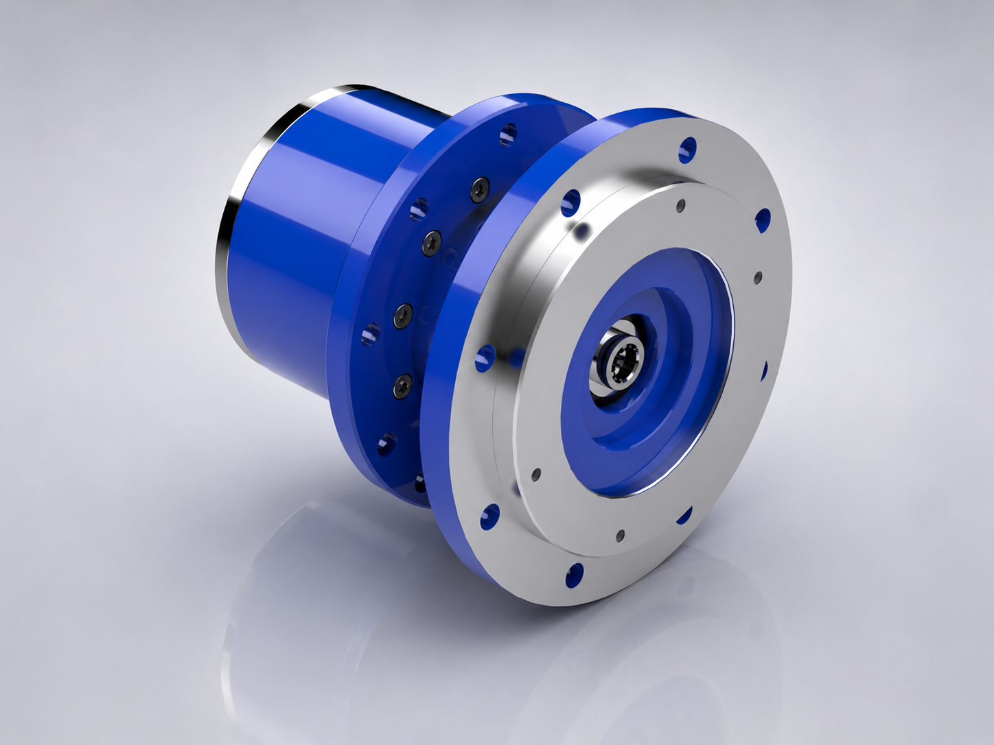 Planetary gearbox rear view showing input shaft and mounting flange