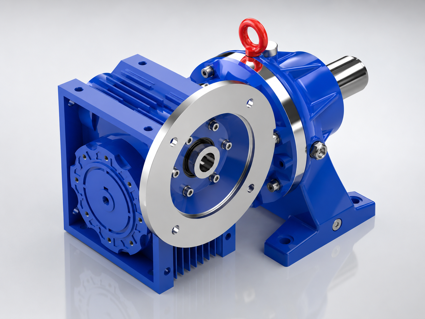Planetary gearbox rear view showing input shaft and mounting flange