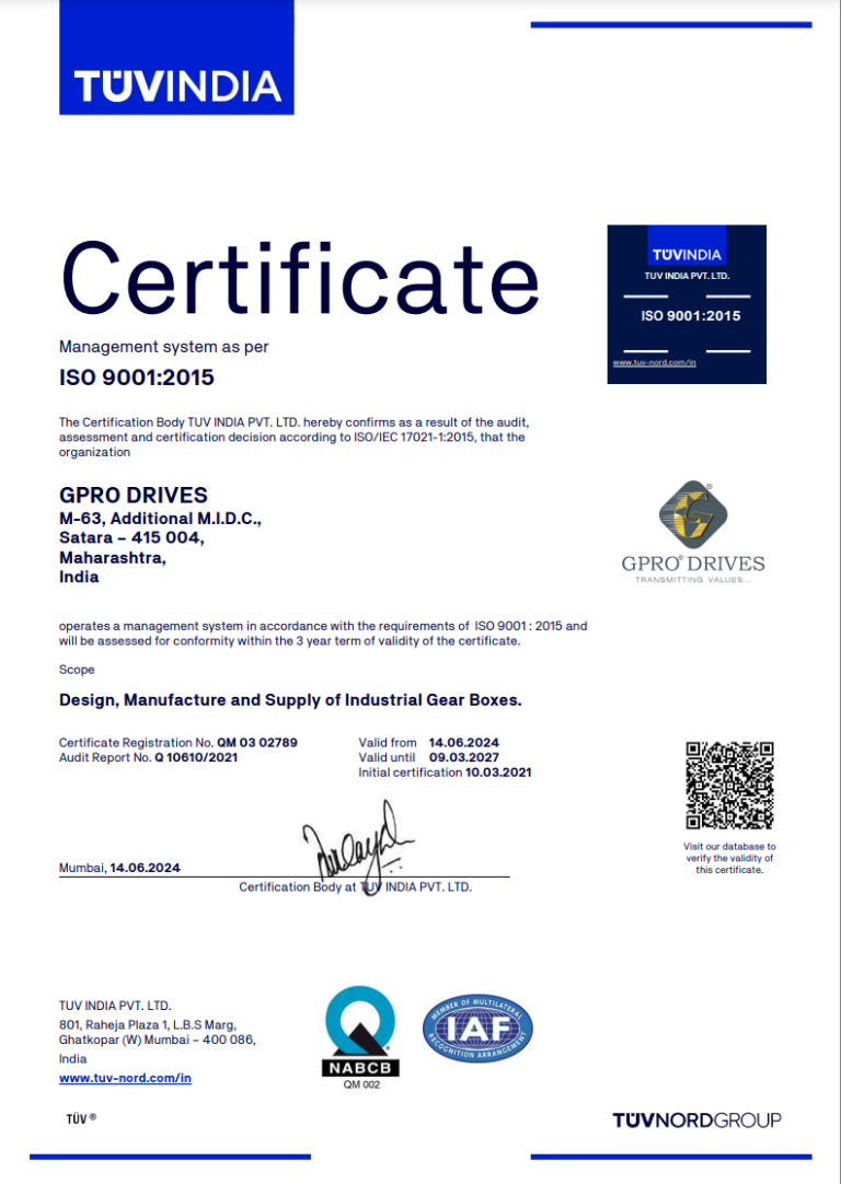 ISO 9001:2015 Certificate — GPRO Drives certified by TUV Nord